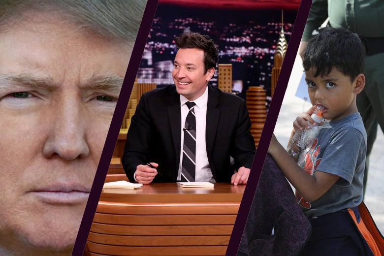 A montage showing Donald Trump's Twitter portrait, Jimmy Fallon at his desk, and an unidentified migrant child being taken into custody by Customs and Border Patrol in McAllen, Texas.